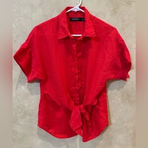 Ralph Lauren Red Button Down Tie-Front Shirt linen medium classic country club